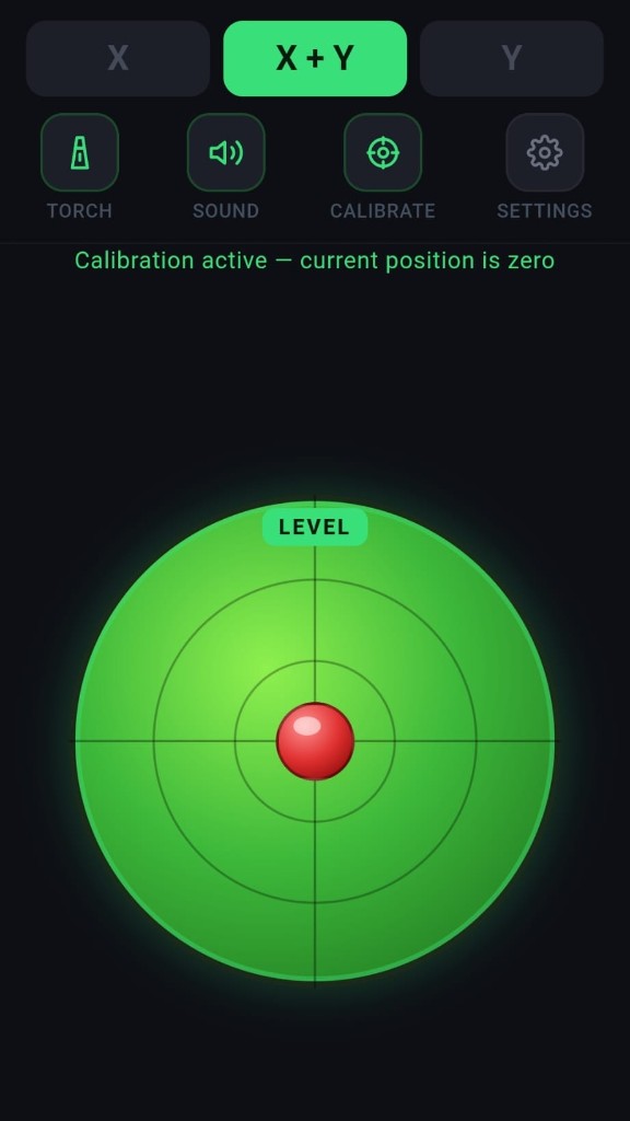 BiPi screenshot 1 — X axis level at 0.0°