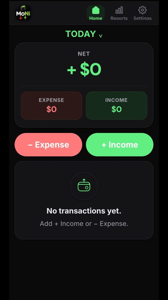 Moni home screen — daily net balance