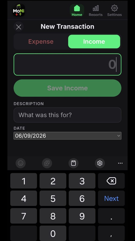 Moni screenshot 2 — Add income