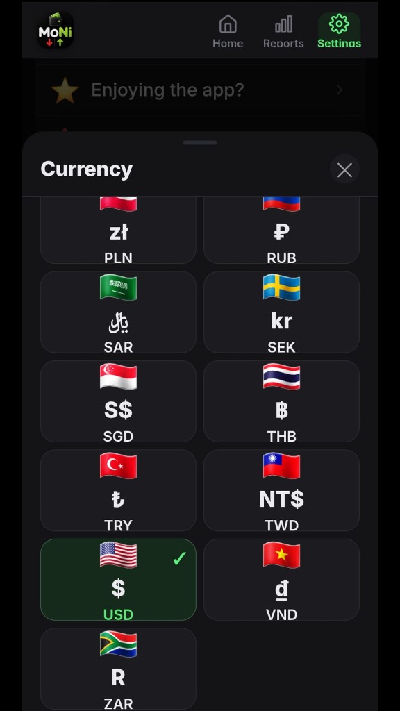 Moni screenshot 7 — Currency selection